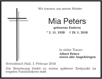 Traueranzeige von Mia Peters von Haller Tagblatt