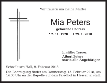 Traueranzeige von Mia Peters von Haller Tagblatt