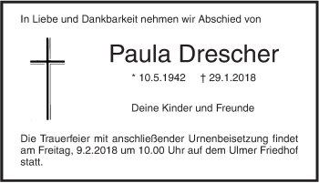 Traueranzeige von Paula Drescher von SÜDWEST PRESSE Ausgabe Ulm/Neu-Ulm