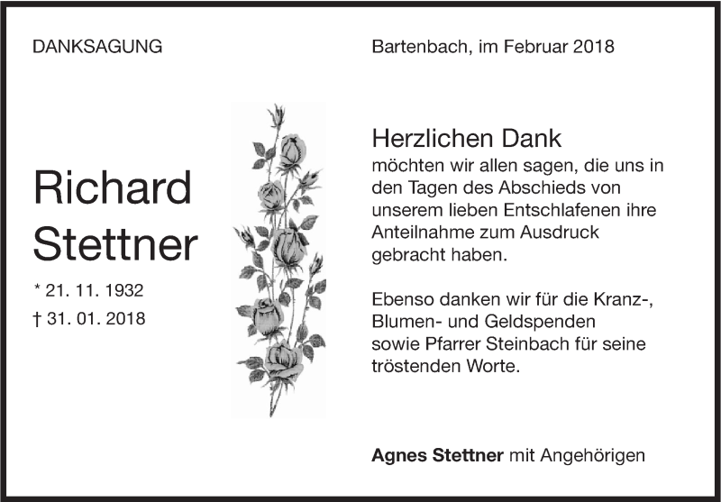  Traueranzeige für Richard Stettner vom 22.02.2018 aus NWZ Neue Württembergische Zeitung