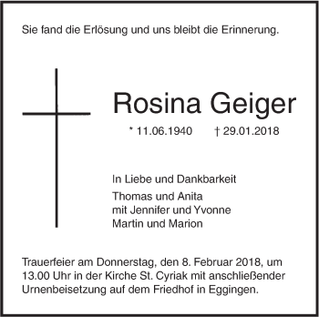 Traueranzeige von Rosina Geiger von SÜDWEST PRESSE Ausgabe Ulm/Neu-Ulm