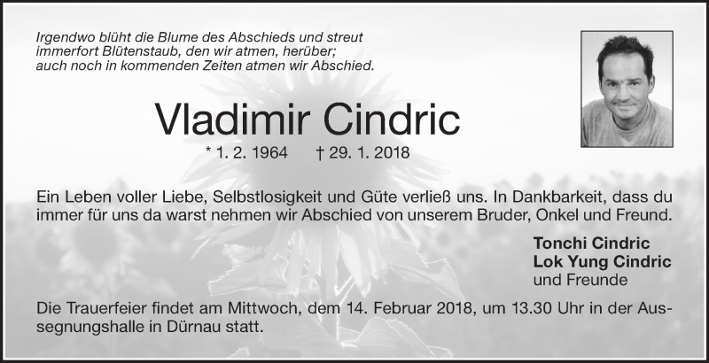  Traueranzeige für Vladimir Cindric vom 10.02.2018 aus NWZ Neue Württembergische Zeitung
