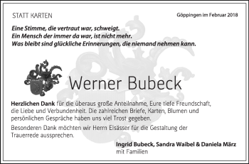 Traueranzeige von Werner Bubeck von NWZ Neue Württembergische Zeitung