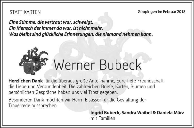  Traueranzeige für Werner Bubeck vom 06.02.2018 aus NWZ Neue Württembergische Zeitung