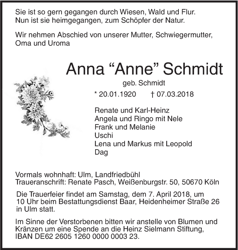  Traueranzeige für Anna Schmidt vom 31.03.2018 aus SÜDWEST PRESSE Ausgabe Ulm/Neu-Ulm