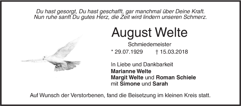  Traueranzeige für August Welte vom 27.03.2018 aus SÜDWEST PRESSE Ausgabe Ulm/Neu-Ulm
