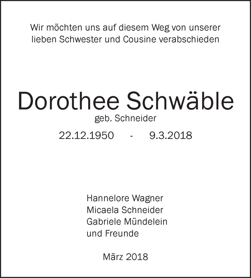  Traueranzeige für Dorothée Schwäble vom 17.03.2018 aus Haller Tagblatt