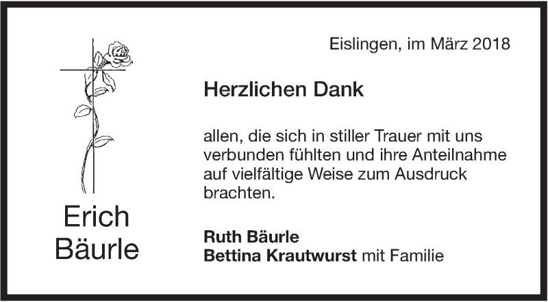  Traueranzeige für Erich Bäurle vom 03.03.2018 aus NWZ Neue Württembergische Zeitung