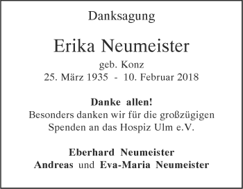 Traueranzeige von Erika Neumeister von SÜDWEST PRESSE Ausgabe Ulm/Neu-Ulm