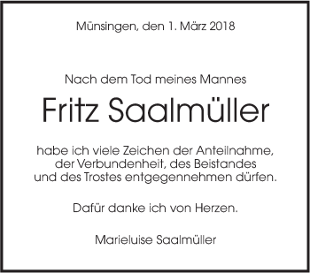 Traueranzeige von Fritz Saalmüller von Alb-Bote/Metzinger-Uracher Volksblatt