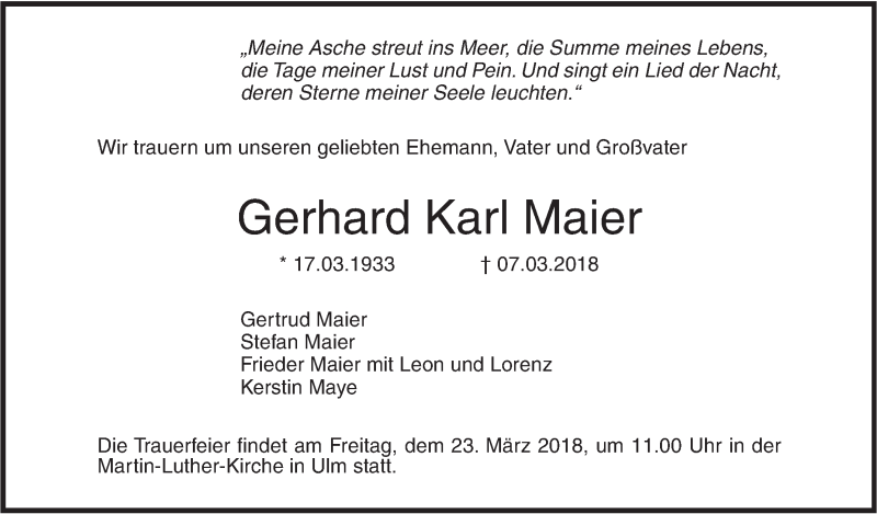  Traueranzeige für Gerhard Karl Maier vom 17.03.2018 aus SÜDWEST PRESSE Ausgabe Ulm/Neu-Ulm