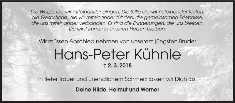  Traueranzeige für Hans-Peter Kühnle vom 06.03.2018 aus Rundschau Gaildorf