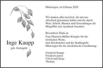 Traueranzeige von Inge Kaupp von Alb-Bote/Metzinger-Uracher Volksblatt