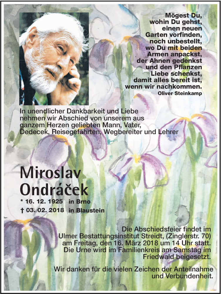  Traueranzeige für Miroslav Ondrácek vom 10.03.2018 aus SÜDWEST PRESSE Ausgabe Ulm/Neu-Ulm