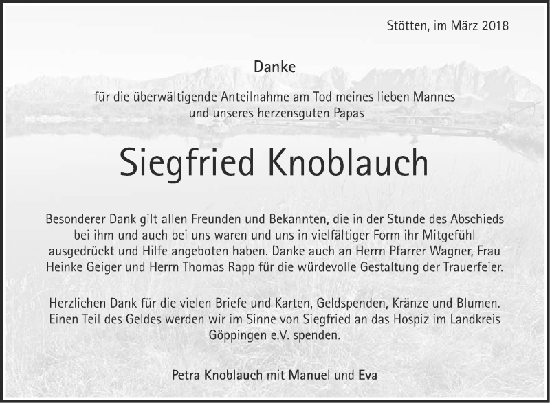  Traueranzeige für Siegfried Knoblauch vom 21.03.2018 aus NWZ Neue Württembergische Zeitung/Geislinger Zeitung