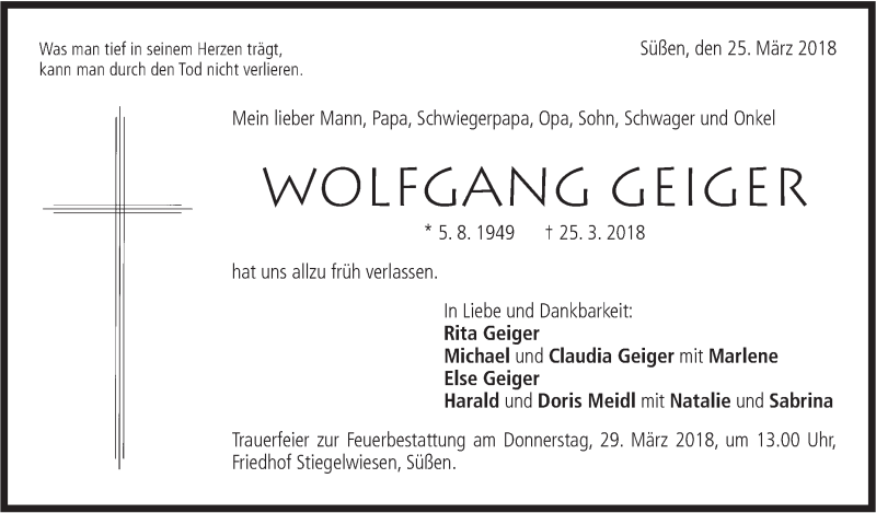  Traueranzeige für Wolfgang Geiger vom 27.03.2018 aus NWZ Neue Württembergische Zeitung