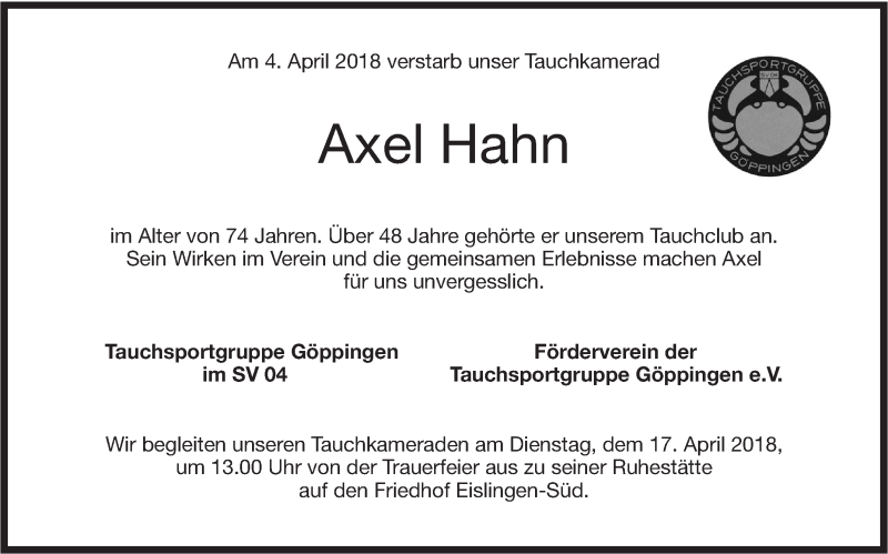  Traueranzeige für Axel Hahn vom 14.04.2018 aus NWZ Neue Württembergische Zeitung