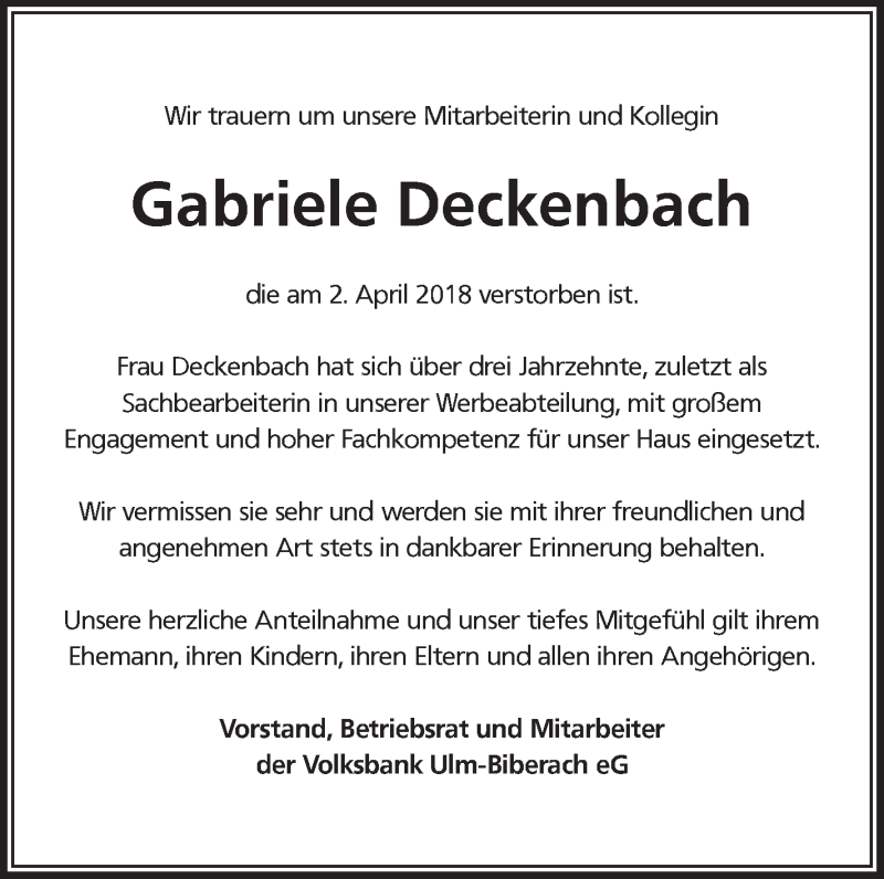  Traueranzeige für Gabriele Deckenbach vom 12.04.2018 aus SÜDWEST PRESSE Ausgabe Ulm/Neu-Ulm