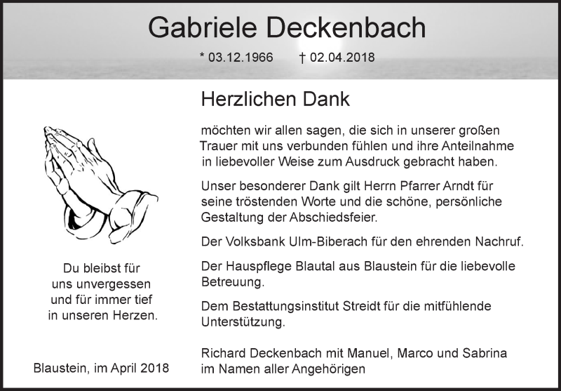  Traueranzeige für Gabriele Deckenbach vom 28.04.2018 aus SÜDWEST PRESSE Ausgabe Ulm/Neu-Ulm