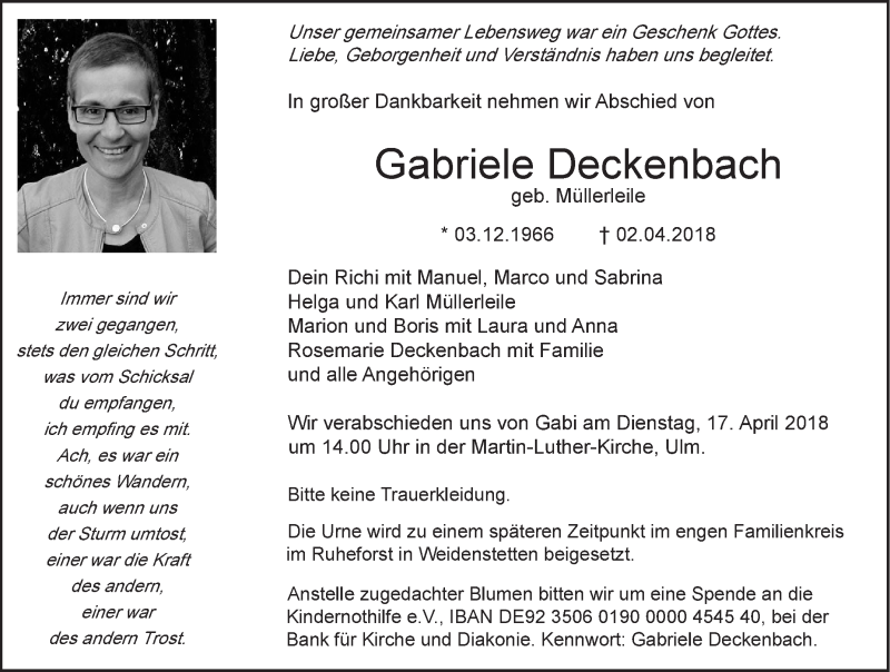  Traueranzeige für Gabriele Deckenbach vom 12.04.2018 aus SÜDWEST PRESSE Ausgabe Ulm/Neu-Ulm