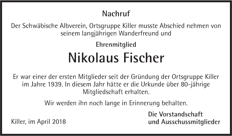  Traueranzeige für Nikolaus Fischer vom 11.04.2018 aus Hohenzollerische Zeitung
