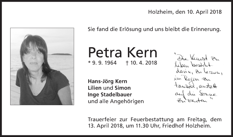  Traueranzeige für Petra Kern vom 12.04.2018 aus NWZ Neue Württembergische Zeitung