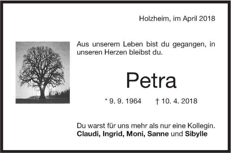  Traueranzeige für Petra Kern vom 21.04.2018 aus NWZ Neue Württembergische Zeitung