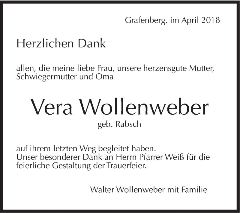 Traueranzeige für Vera Wollenweber vom 14.04.2018 aus Metzinger-Uracher Volksblatt