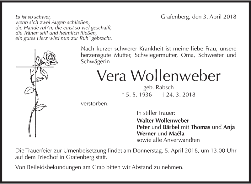  Traueranzeige für Vera Wollenweber vom 03.04.2018 aus Metzinger-Uracher Volksblatt