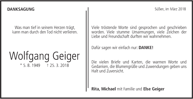  Traueranzeige für Wolfgang Geiger vom 20.04.2018 aus NWZ Neue Württembergische Zeitung