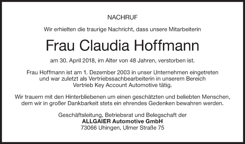  Traueranzeige für Claudia Hoffmann vom 07.05.2018 aus NWZ Neue Württembergische Zeitung