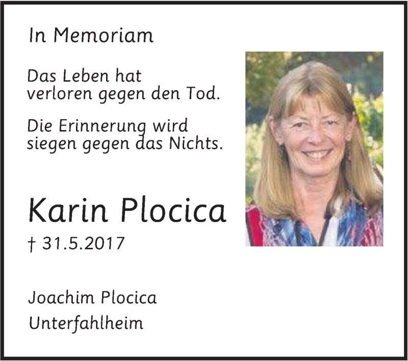  Traueranzeige für Karin Plocica vom 01.06.2018 aus SÜDWEST PRESSE