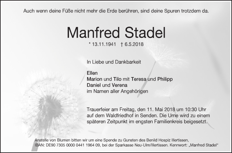  Traueranzeige für Manfred Stadel vom 08.05.2018 aus SÜDWEST PRESSE Ausgabe Ulm/Neu-Ulm