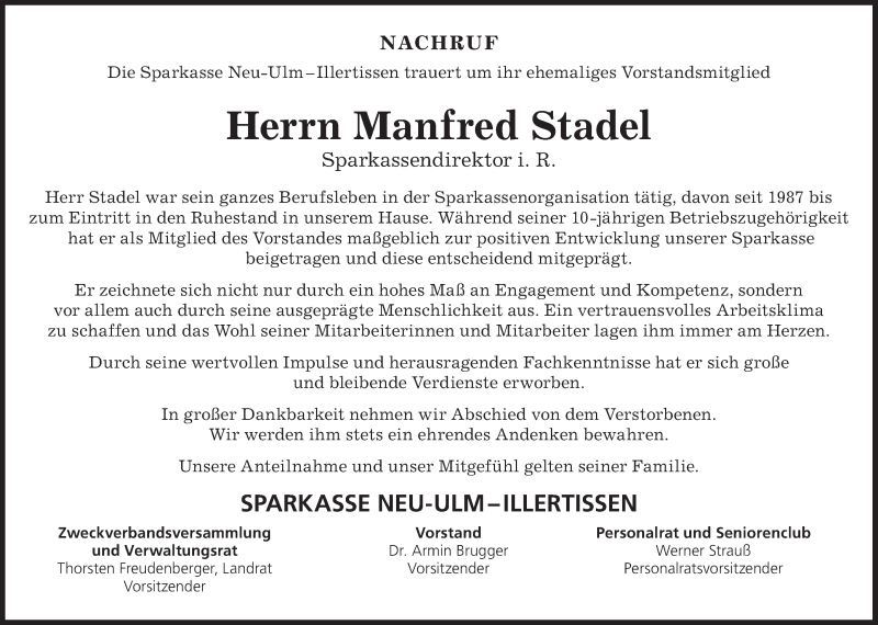  Traueranzeige für Manfred Stadel vom 09.05.2018 aus SÜDWEST PRESSE Ausgabe Ulm/Neu-Ulm