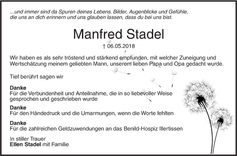  Traueranzeige für Manfred Stadel vom 25.05.2018 aus SÜDWEST PRESSE Ausgabe Ulm/Neu-Ulm
