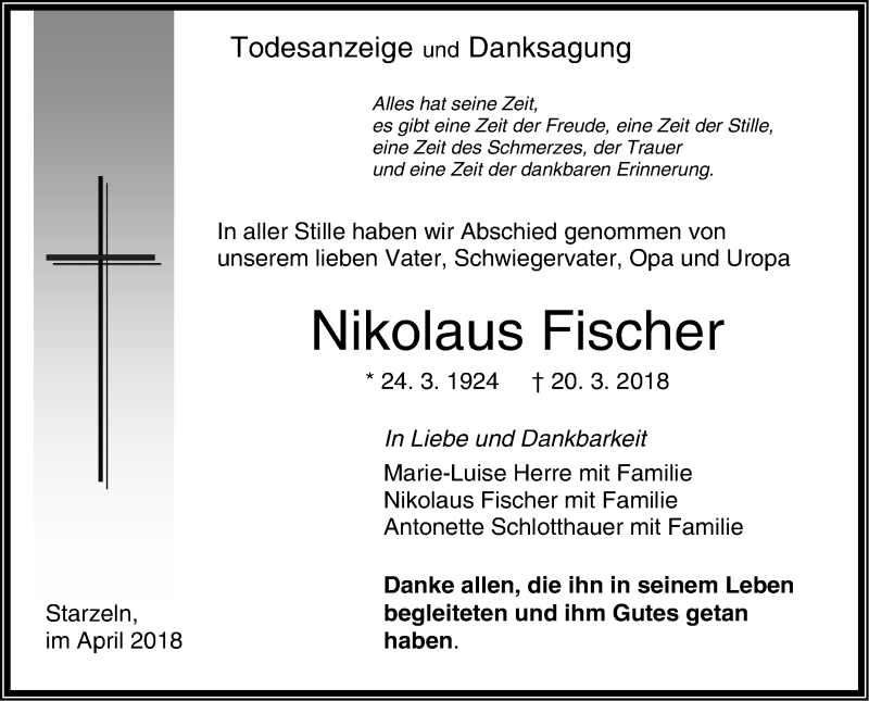  Traueranzeige für Nikolaus Fischer vom 07.04.2018 aus Hohenzollerische Zeitung