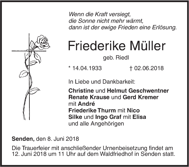  Traueranzeige für Friederike Müller vom 08.06.2018 aus SÜDWEST PRESSE Ausgabe Ulm/Neu-Ulm