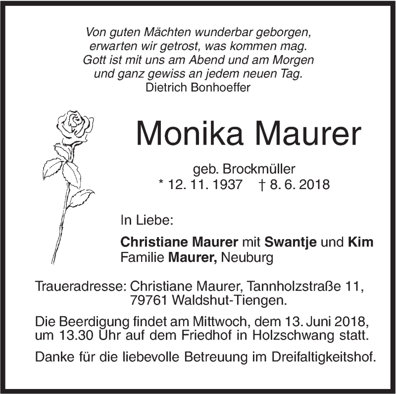  Traueranzeige für Monika Maurer vom 11.06.2018 aus SÜDWEST PRESSE Ausgabe Ulm/Neu-Ulm