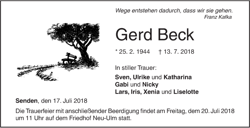  Traueranzeige für Gerd Beck vom 17.07.2018 aus SÜDWEST PRESSE Ausgabe Ulm/Neu-Ulm