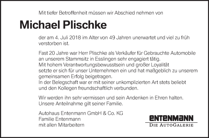  Traueranzeige für Michael Plischke vom 07.07.2018 aus NWZ Neue Württembergische Zeitung