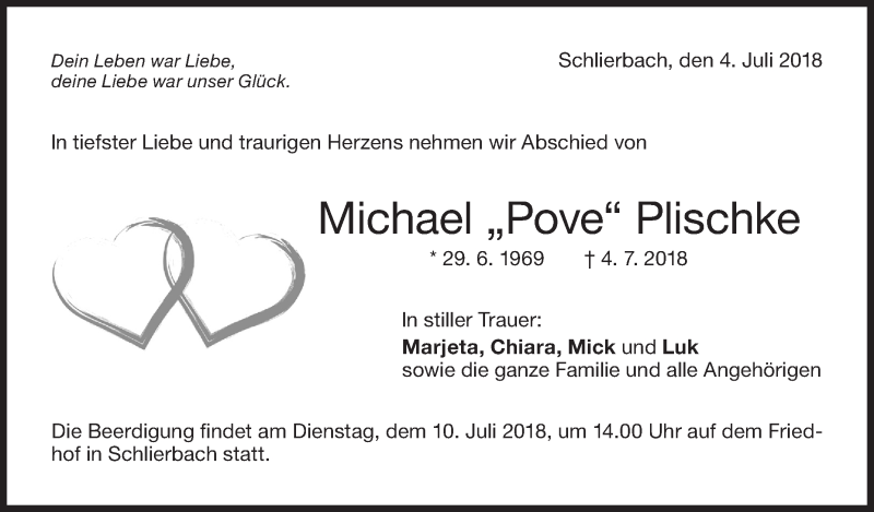 Traueranzeige für Michael Plischke vom 07.07.2018 aus NWZ Neue Württembergische Zeitung