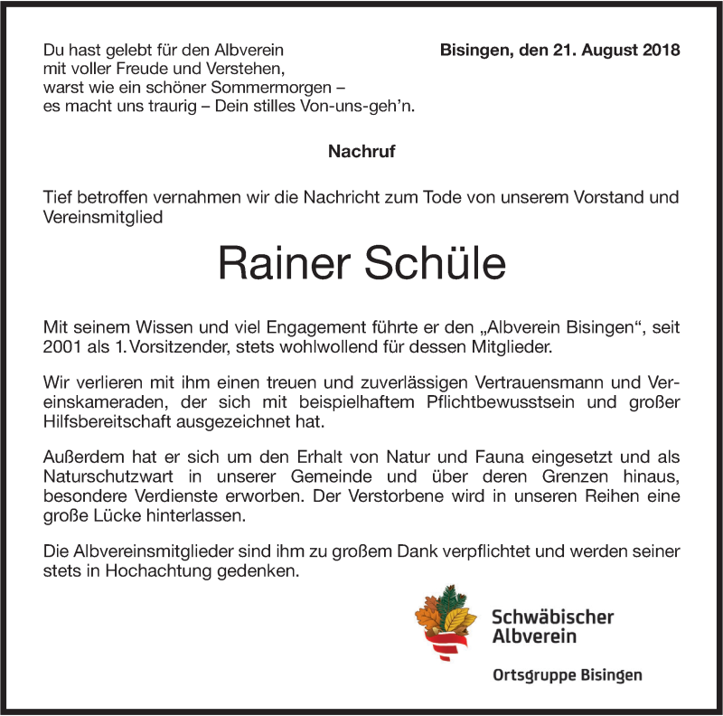  Traueranzeige für Rainer Schüle vom 21.08.2018 aus Hohenzollerische Zeitung