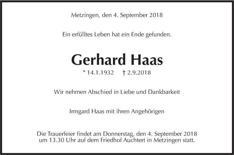  Traueranzeige für Gerhard Haas vom 04.09.2018 aus Metzinger-Uracher Volksblatt