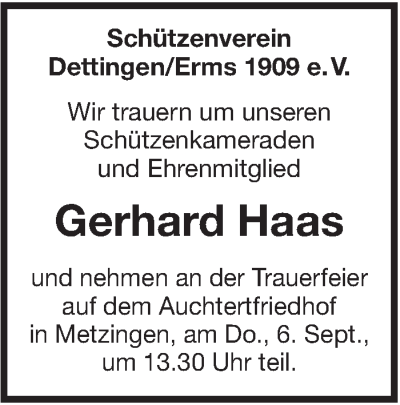  Traueranzeige für Gerhard Haas vom 05.09.2018 aus Metzinger-Uracher Volksblatt