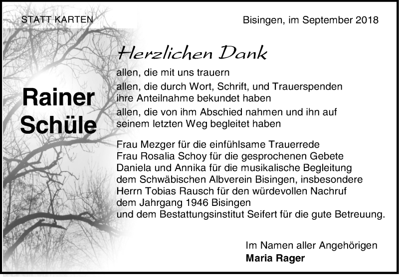  Traueranzeige für Rainer Schüle vom 08.09.2018 aus Hohenzollerische Zeitung