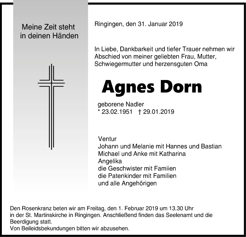  Traueranzeige für Agnes Dorn vom 31.01.2019 aus Hohenzollerische Zeitung