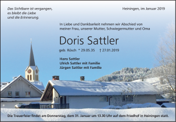 Traueranzeige von Doris Sattler von NWZ Neue Württembergische Zeitung