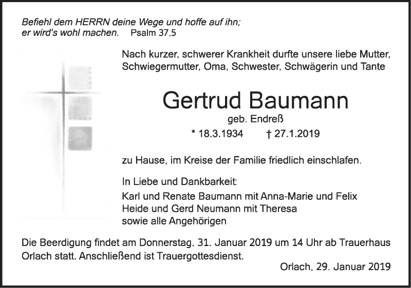  Traueranzeige für Gertrud Baumann vom 29.01.2019 aus Haller Tagblatt