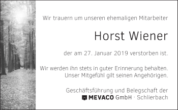 Traueranzeige von Horst Wiener von NWZ Neue Württembergische Zeitung