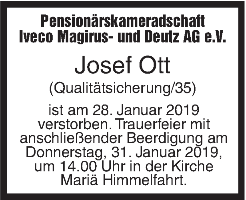  Traueranzeige für Josef Ott vom 30.01.2019 aus SÜDWEST PRESSE Ausgabe Ulm/Neu-Ulm